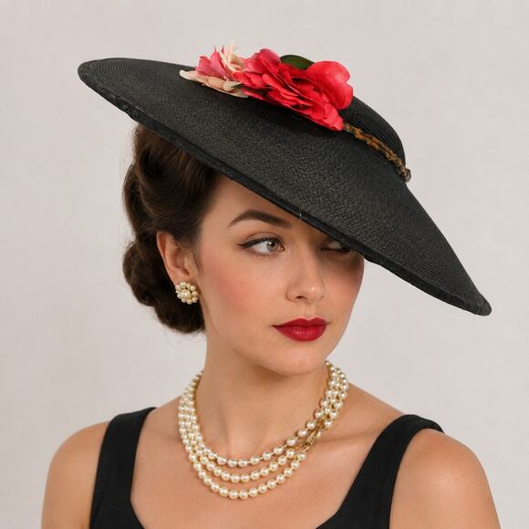 Vintage 1940s Black Wide Brim Platter Tilt Hat Floral Statement Style - Hey Viv main image 4